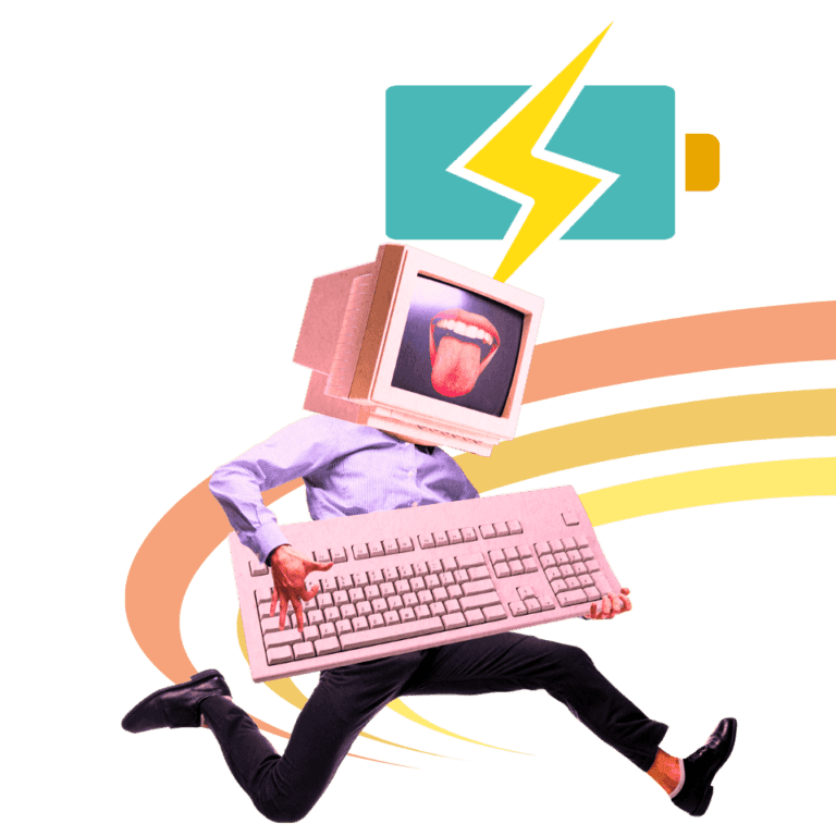 Collage numérique silhouette humaine avec écran, clavier, batterie.