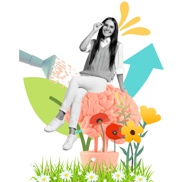 Femme assise sur un cerveau avec fleurs vivantes.