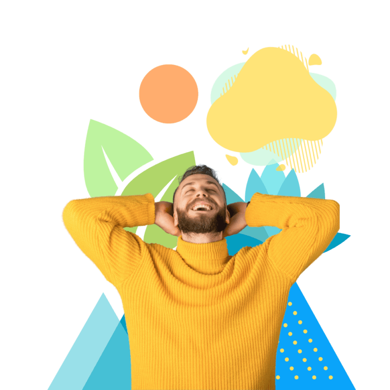 Homme souriant qui s'étire, fond nature coloré.